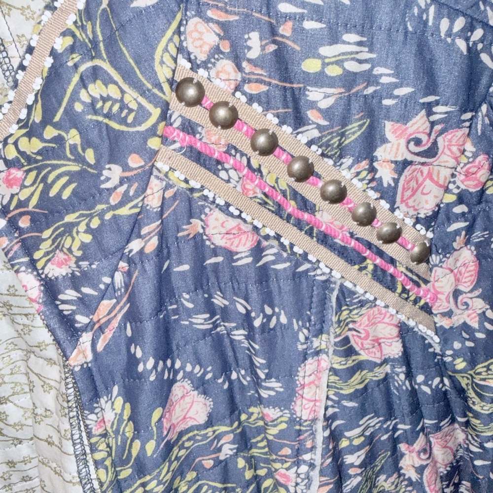 Free People Meadow Quilted Floral Slim Fit Jacket Size L Blue Pink Zip Front - Picture 10 of 10